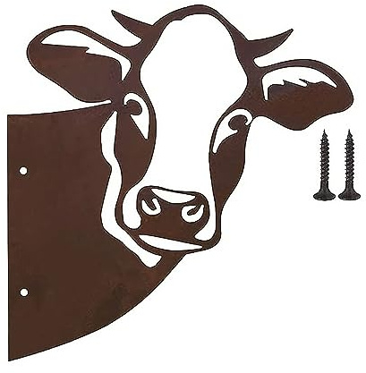 POFET Metal Cow Garden Decoration Tree Stake Rustic Patina Brown Cow Fence Lawn Ornaments for Garden Patio Balcony Farm Decor
