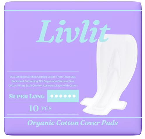 Livlit Super lange Damenbinden für die Nacht, 100 % Bio-Baumwolle aus Texas, starke Saugfähigkeit, starker Auslaufschutz, geruchlos, extra lange Einlagen für Frauen (10 Stück)
