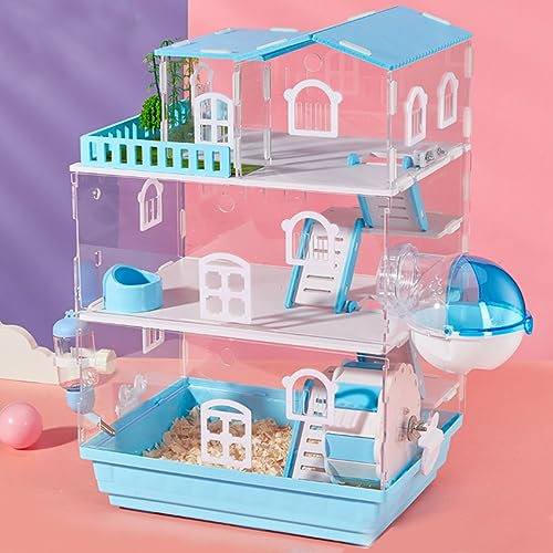 Rattenkäfig mit Zubehör, PS/ABS-Material, Belüftungsdesign, Tablettdesign, Leicht zu Reinigen, Hamstervilla mit Wasserkocher, Schüssel, Badezimmer, Villa, und Bunte Bogenbrücke ( Color : Blue , Size :