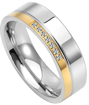 AMDXD Ehering Vintage 6MM, Edelstahl Ringe Klassiker Poliert, Silber Gold Ring Damen Vintage mit Zirkonia Damenring Gr.62 (19.7)
