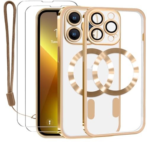 Lafunda Durchsichtig Hülle für iPhone 13 Pro Max Handyhülle Kompatibel mit MagSafe mit Kameraschutz und 2 Stück Panzerglas, Clear Magnetisch Case mit Schlüsselband für iPhone 13 Pro Max-Gold