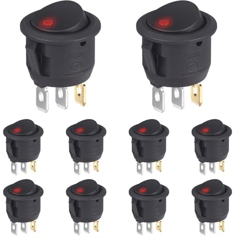VEXUNGA Interruptor Basculante Redondo 6A 250V 10A 125V Interruptores Conmutador Palanca 2Posiciones 3Pines con LED Luces Rojo ON/OFF (10 Piezas)
