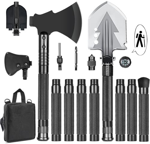 GOJAWAY 20 in 1 Multitool Survival kit, Camping Shovel Military Axe, 55 Trekking Pole Foldable Spade with Portable Bag and Hatchet, for Car Emergency Offroad Entrenching Tool