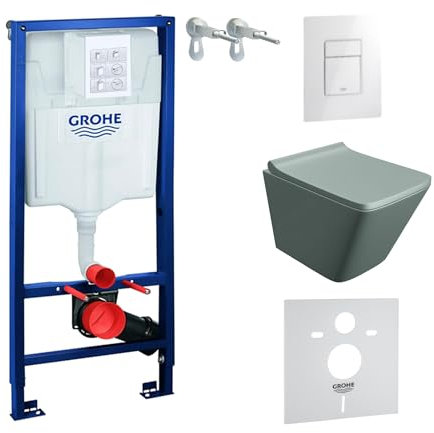 LAVITA Elemento de pared Solido + pared colgante Lago gris sin borde + asiento de inodoro de cierre suave | botón blanco brillante | juego completo | cisterna empotrada | inodoro completo
