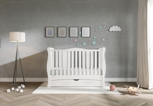 Viculii GILBERT Baby Sleigh Cot Bed with Drawer Only | 140x70cm | 3 in 1 Large Cot Bed Converts to Toddler Bed Junior Bed (White)