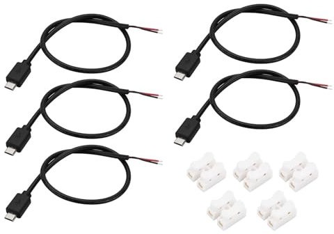 eMagTech 5 Sets Micro-USB-Stecker 2-adrig Offenes Ende Pigtail-Kabel mit Klemmenblöcken für Ersatz Reparatur DIY-Kabel 30 cm Schwarz 22 AWG 5 V 3 A