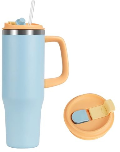 Termosmugg med sugrör och handtag, 1,2 liter, dubbelväggigt rostfritt stål, vakuum, läckagesäker, drickkopp, termosmugg dryckesmugg 24 timmar kallt | 18 varm, BPA-fri resemugg, kaffemugg