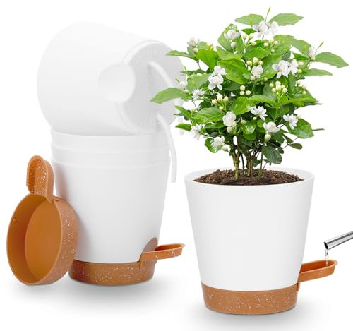 Yimomoyi 5PCS Macetas con Sistema Autorriego, 13cm Maceteros Decorativos Interior con Agujeros de Drenaje, Macetas Plástico con Plato, Macetas De Flor para Interior para Decoración del Hogar