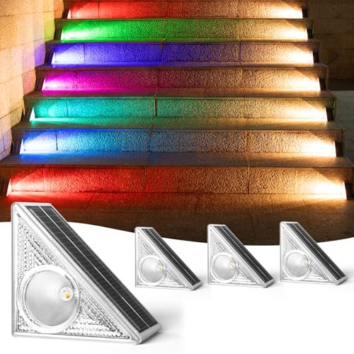 Artrastar LED Iluminación Solar para Escaleras Exteriores 3 Blancas & 6 Colores RGB IP65 Lámpara para Escaleras, Decoración de Jardines, Cercas, Caminos, Escaleras, Terrazas y Balcones 4 Piezas