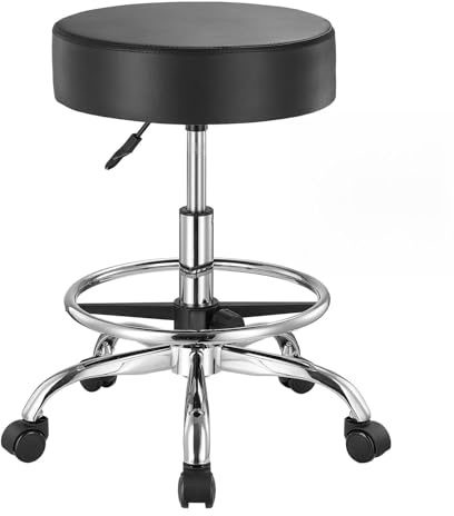 VEVOR Taburete Redondo de Altura Ajustable de 55-71 cm Carga de 204kg, Taburete de Trabajo con Reposapiés, Taburete Redondo Giratoria Ergonómica de Cuero de PU para Salón SPA Clínica de Masaje, Negro