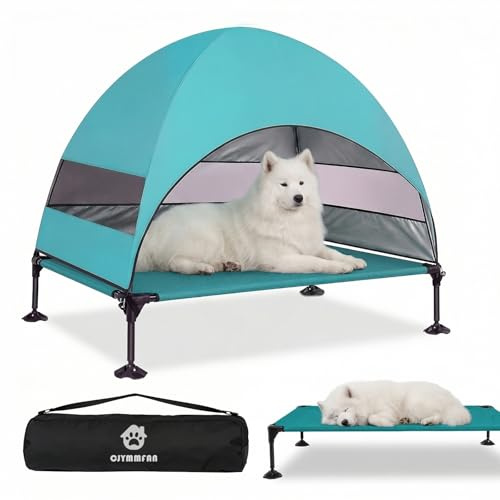 Erhöhtes Hundebett Outdoor mit UV-beständiges Dach, Hundeliege Klappbar mit Anti-Rutsch-Füßen, Hundezelt Outdoor mit Großem Schatten, Kühlendes ErhöHtes Hunde Bett für Camping, Garten (Aqua, L)