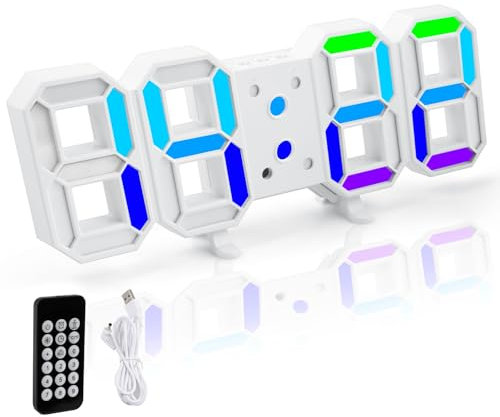 Romon 3D LED Digitalwecker, Tischuhr Wanduhr Digital Uhr Digitaler Wecker mit 7 RGB Farbwechsel 12/24 Stunden, 3 Helligkeitsstufen, Nachtmodus und Fernbedienung für Schlafzimmer Wohnzimmer Büro, Weiß