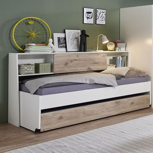 Lomadox Jugendzimmer-Bett mit 90x200 cm Liegefläche in weiß mit Eiche, mit Bettschublade, Rollen, Bettüberbau mit Klappe, Fächern