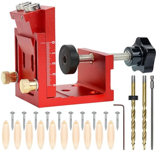 Pocket Hole Jig Kit, 15° Adjustable Aluminium Pocket Screw Jig | Woodworking Angle Joint Locator Tool with Drill Bit and Plugs for Carpentry Projects