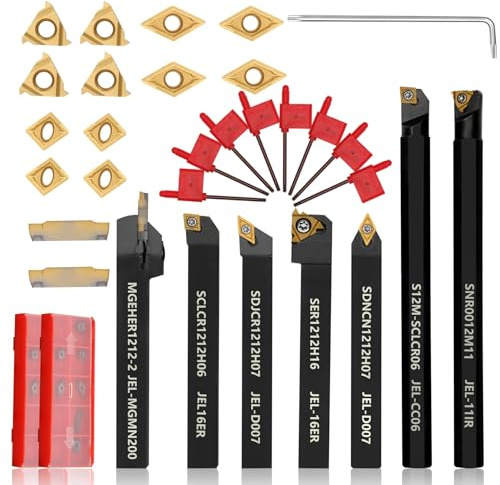 Indexable Lathe Turning Tool 21Pcs Kit 1/2'' 12mm Shank 7 Pcs Metal Lathe Tool Holder Set with 14 Pcs Turning Inserts for Turning Grooving Threading Boring Carbide Inserts Carbide Turning Tool