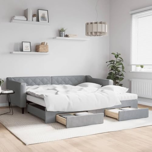 Teenpull Överkast, utdragbar med lådor, ljusgrå, 100 x 200 cm tygöverdrag, komfort-skummadrass, robust bäddsoffa med förvaringsutrymme för gästrum