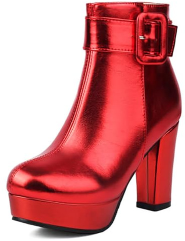 Eestfy Bottines Femme Métalliques Plateforme Talon Bloc Haut Sangle À Boucle Fermeture Éclair Tige Basse Bottines Courtes À La Mode pour Hiver Et Soirée Cocktail,Rouge,37 EU