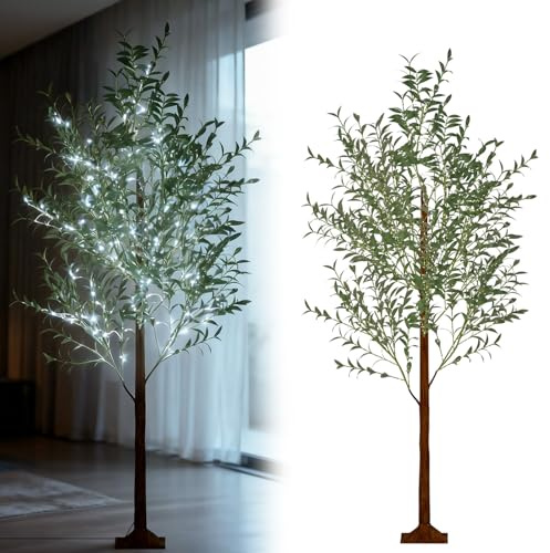 LILIIN Weihnachtsbaum Künstlicher Pflanzenbaum mit Lichtern Beleuchtet LED Christbaum Tannenbaum Innen Deko Baum Licht Olivenbaum, Lichterbaum für Weihnachten, Frühling(180cm, Kaltweiß)