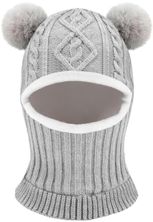 AYPOW Vinter varm balaclava hatt för barn från 1 till 6 år, multifunktionell vindtät termisk stickad halsduk mössa set för flickor barn spädbarn, huva mössor med fleecefoder, B-Ljusgrå, one size