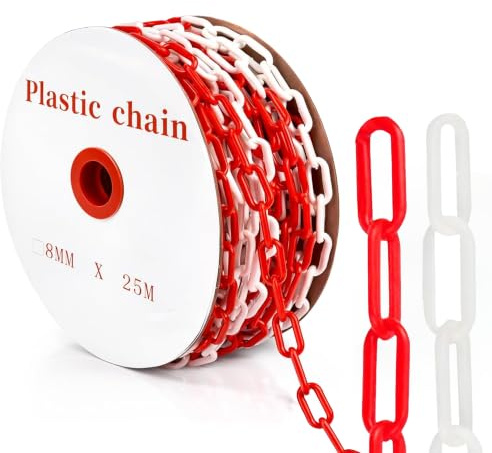 Stängningskedja röd vit plast: Generisk 25 m x 8 mm varningskedja plast avstängningskedja för tillfälliga avstängningar UV-resistent för utomhusanläggningar för operatörer