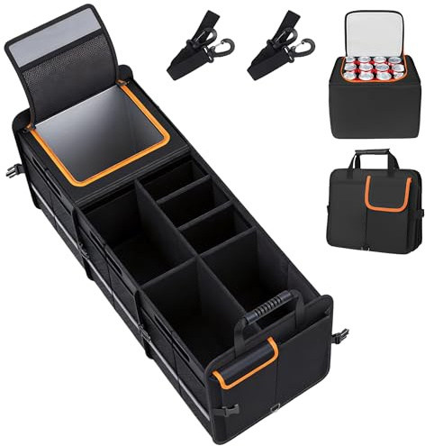 TAZZOR Organizer Kofferraum mit Deckel, Auto Kofferraum Organizer mit Kühltasche, Faltbare Aufbewahrungsbox Auto, mit 6 Fächern und 24L Kühltasche, Wasserdicht Rutschfest