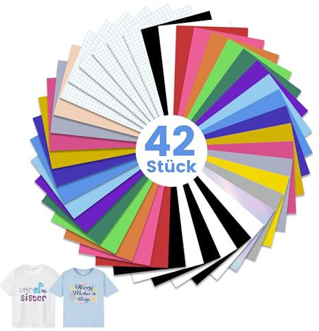 42 Stück Vinyl Film Plotter 30,5 x 20,5 cm, Heat Transfer Vinyl, Plotterfolie Vinyl kompatibel mit Cricut & Cameo, für DIY T-Shirts, Kleidung, Hüte und Stoffe, Inklusive Sonderfarben