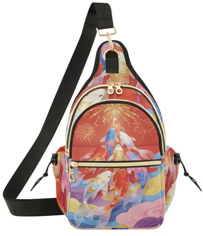 Loancwa slingväska, koi fisk fyrverkerier tryck, polyester, justerbar crossbody, magnetiskt spänne, andningsbar nätbaksida, 17 x 11 cm