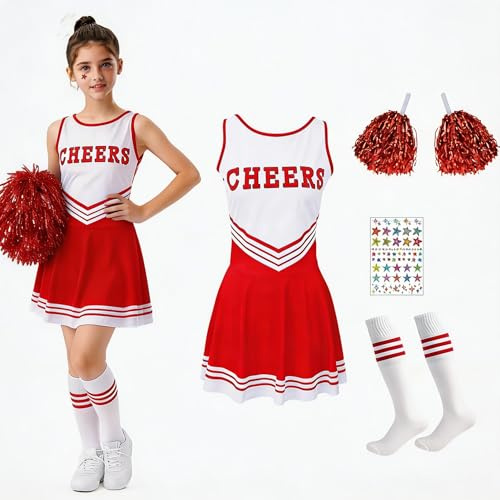 Fancysky Cheerleader Flickor Cheerleading-klänning för flicka, delad klänning, barn Cheerleading Outfit med pompon Calcetines y 2 klistermärken, karneval halloween cosplay (4, röd, 150)