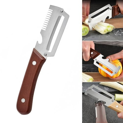 Stainless Steel Vegetable Peeler with Wooden Handle 2-in-1 Fruit Potato Peeler with Bottle Opener Kitchen Quick Peeling Tool (Burlywood)