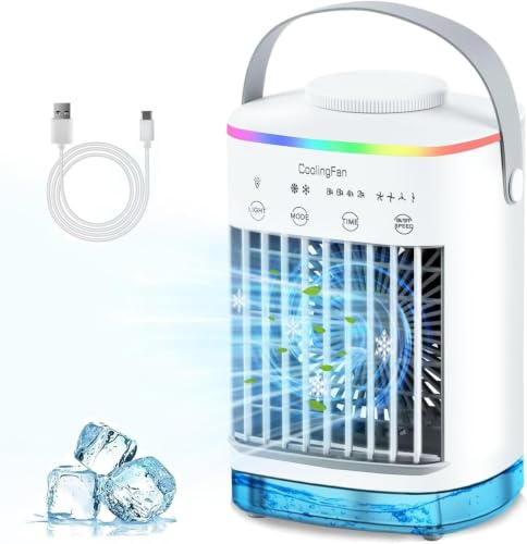 AISHNA Portable Air Cooler, 4-in-1 Portable Air Conditioner, Mini Air Conditioner with 4 Wind Speed & 7 Colour Lights & 700ml Water Tank&2-8H Timer, Evaporative Air Cooler for Home, Office, Bedroom
