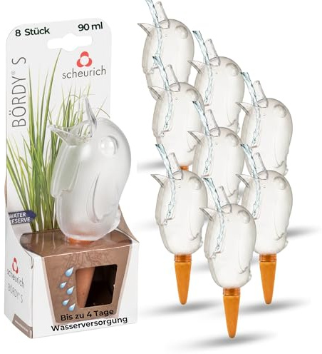 Scheurich Wasserspender S Bördy | 8 x Klar | 90ml Füllmenge | Bewässerungskugeln klein mit Ton Fuß | Wasserspender Pflanzen und Blumen Terrakotta Stiel