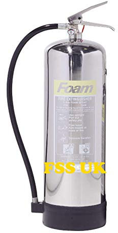 Chrome Finish 6 Litre AFF Foam fire extinguishers CE. Newly Manufactured. Ideal for Boats, Kitchens, Restaurants, Offices, Warehouses, Hotels and All Liquid Fires.