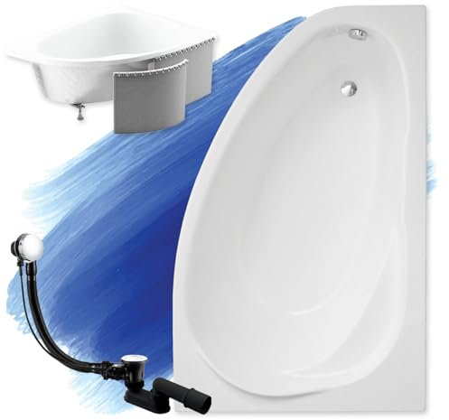 BADLAND Badewanne Original Weiß Acryl Wanne Eckbadewanne MAREA 150x100 Rechts KOMPLETTSET SET mit Premium Styroporverkleidung + Füßen und Exklusive Chrom Automatik Ablaufgarnitur Made in EU 4in1