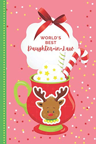 World’s Best Daughter-In-Law: Reindeer in Red Hot Chocolate Mug on Pink / Small 6x9 To Do List Notebook and Christmas Card Combo / Fun Gift or Stocking Stuffer for Daughter in Law