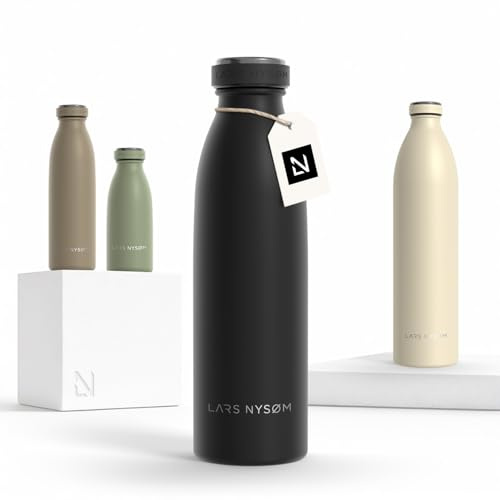 LARS NYSØM rostfri vattenflaska 350ml, 500ml, 750ml, 1L, 1,5 liter | Termosflaska lämplig för kolsyrat | Läcksäker vattenflaska för sport, utomhus (Carbon Black, 500ml)