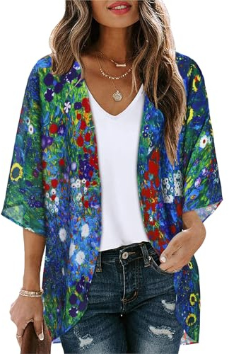 CHICGAL Dam blommigt tryck puff ärm kimono cardigan lös täckning vardaglig blus toppar, Grönt löv, XXL