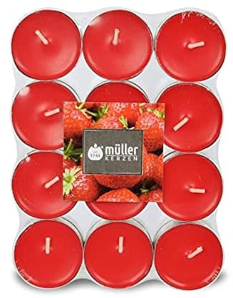 Müller Tealights Candele Profumate - Fragranza Fragola - 39 × 15 mm - Durata 4 Ore - Lumini di Cera Colore Rosso - Set di 24 Candeline