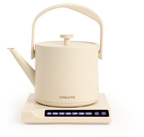 CREATE/HATTORI STUDIO/Hervidor de agua eléctrico 0.5 L Blanco/Calienta y mantiene, sistema de seguridad, termostato, pantalla digital, indicador de temperatura, 880W