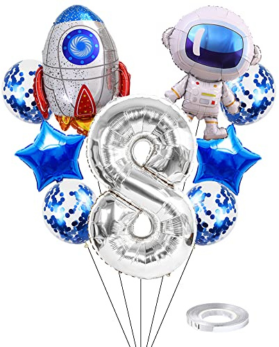 Kawailay astronaute fusée 8 ans anniversaire ballons Jumbo spaceman anniversaire ballons hors de l'espace thème Foil ballons argent 8 ballon à hélium baby shower fête d'anniversaire pour les enfants