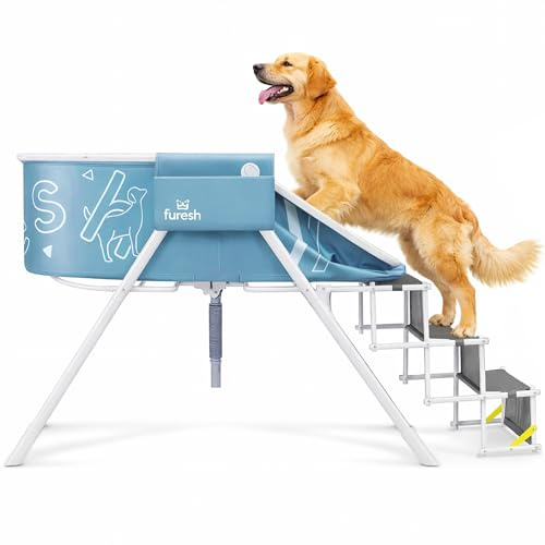 Furesh Baignoire pour chien Big Dipper avec escaliers, station de lavage surélevée portable pliable avec marches pour le bain, la douche et le toilettage, intérieur, extérieur, pour chiens de taille