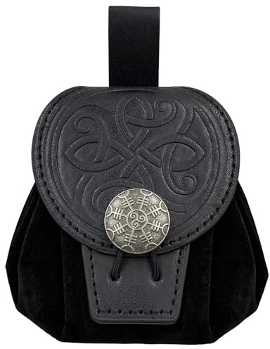 HiiFeuer Mittelalterliche Gürteltasche aus geprägtem Kunstleder, Retro Renaissance Portable Gürteltasche Portemonnaie Würfelbeutel für LARP Ren Faire/Karneval (Schwarz B)