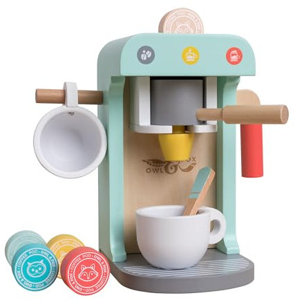 Owl & Fox Wooden Coffee Machine, Pretend & Imaginative Play for Boys & Girls, Complete with Coffee Pods, Handle, Frother, Cups, FSC Certified, Dimensions 11, x 13 x 20 cm (H)