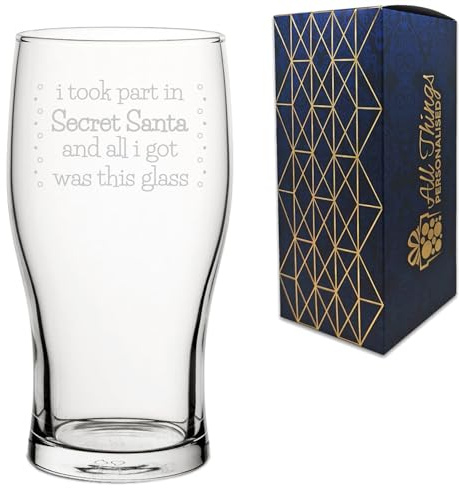 Engraved Novelty Pint Glass with Secret Santa Serif Design, Gift Box Included, Laser Engraved, Add an Optional Message, Christmas Santa Colleague Gift