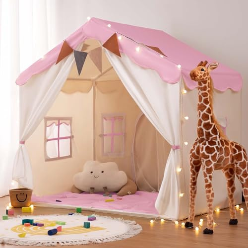 besrey 2-in-1 Kids Play Tent, Kids Indoor Tent with Bed Tent Function | 130×90×130 cm Play House with Lights, Soft Padded Floor Mat, 2 Doors, Cozy Hideaway, Indoor Playhouse, Birthday Gift for Kids