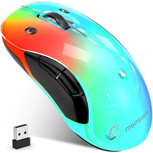 memzuoix LED Wireless Mouse – Rechargeable 2.4G Optical Mouse with Magnetic Cover, Soft RGB Lighting, 1400 DPI, Ergonomic Cordless Design with USB Receiver for Laptop, PC & MacBook - Clear