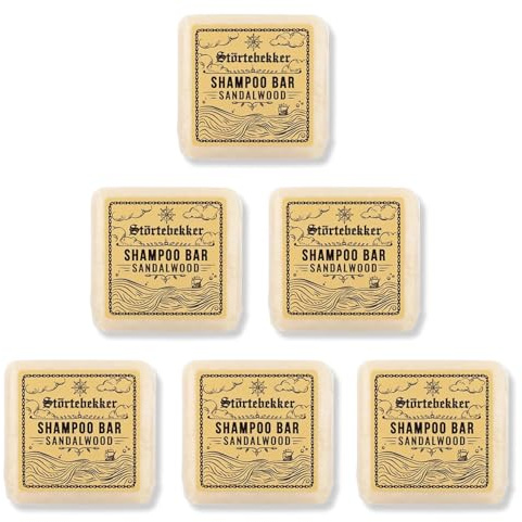 Störtebekker® Premium schampo bar sandelträ 6x – fast schampo män och kvinnor – 3-i-1 duschtvål män för hår, hårbotten och skägg – fuktschampo – vegansk, handgjord – 6 x 100 g