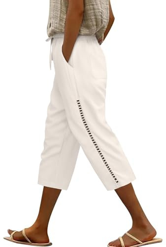 Voqeen Leinenhose Damen Kordelzug Elastische Taille 3/4 Caprihose Damen Sommer Leichte Dreiviertel Hose Mit Taschen Lässige Palazzo Hose Hohle Stoffhose für Frauen