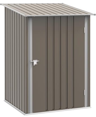 Outsunny Casetta da Giardino 0.92m² in Acciaio Zincato con Porta Battente, Capanno Porta Attrezzi con Tetto Spiovente, Porta Bloccabili, 100x103x160cm, Marrone e Bianco