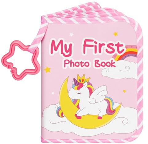 Lanpn Album Fotografico Bambino 10x15 17 Fotos, Baby Photo Album Libro Foto in Tessuto per Memorizzare Volti e Imparare Nomi, Portafoto Neonato Battesimo Nascita Bimba Ragazza Regalo, Unicorno