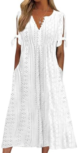 Yutdeng Vestidos Largos Mujer Verano Boho Vestidos Playeros Casual Vestido Elegante Manga Corta Cuello V con Bolsillos Sueltos Vestidos de Playa Vestido Largo Vestido Midi Mujer Verano,Blanco,L